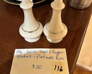 #116 Vtg. Lenox Salt & Pepper Shakers - Platinum Rim $20.00
