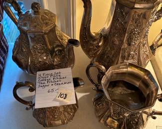 #108 4 pc Set Silver Plate Coffee pitcher, Tea Pitcher, Sugar and Creamer $65.00