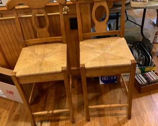 #41 Set of 2 Wooden Bar Stools w/rushing Seats & Wood Back - 24" Tall $50.00