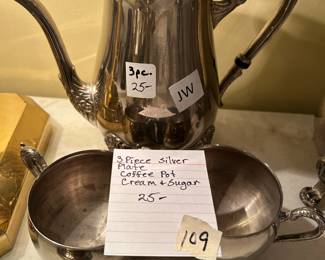 #109 3 piece Silver Plate Coffee Pot Cream & Sugar $25.00