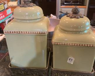 #87 Gracious Goods Set of 2 Green Cannisters in Metal Base $40.00
