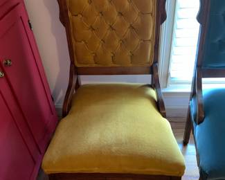 #20 East Lake Mustard Velvet Chair w/button Back Wood Carving $40.00