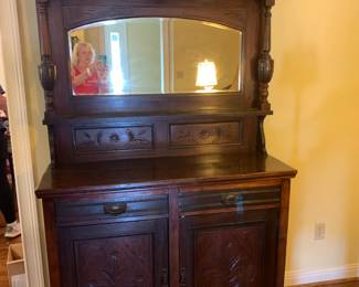 #2 Antique Cabinet w/top hutch w/beveled Mirror 2 drawers & 2 doors (as is finish) - 47x17x36-72 (doors won't stay closed) $75.00