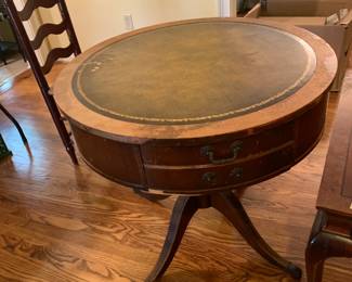 #7 Wood round Drum Table w/1 drawer (as is finish) w/leather top - 32x29 $30.00