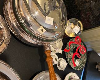 #123 Silverplate Covered Casserole Dish w/pyrex dish inside and wooden handle $30.00