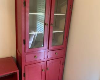 #21 Red Painted Wood Cabinet w/2 doors, 2 drawers & 2 Glass Doors w/shelves - 24x12x67 $75.00