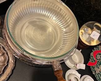 #123 Silverplate Covered Casserole Dish w/pyrex dish inside and wooden handle $30.00
