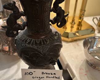 #106 Bronze Dragon Handled Vase $100.00