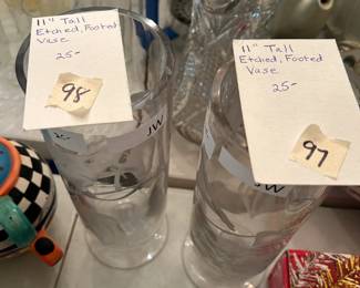#97 11" Tall Etched, Footed Vase $25.00
#98 11" Tall Etched, Footed Vase $25.00