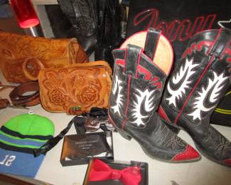 Vintage Cowboy boots, Mexican hand tooled bags, vintage Tony Lama light up sign