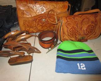 Seahawks vintage hat, vintage tooled belts, vintage Mexican tooled bags