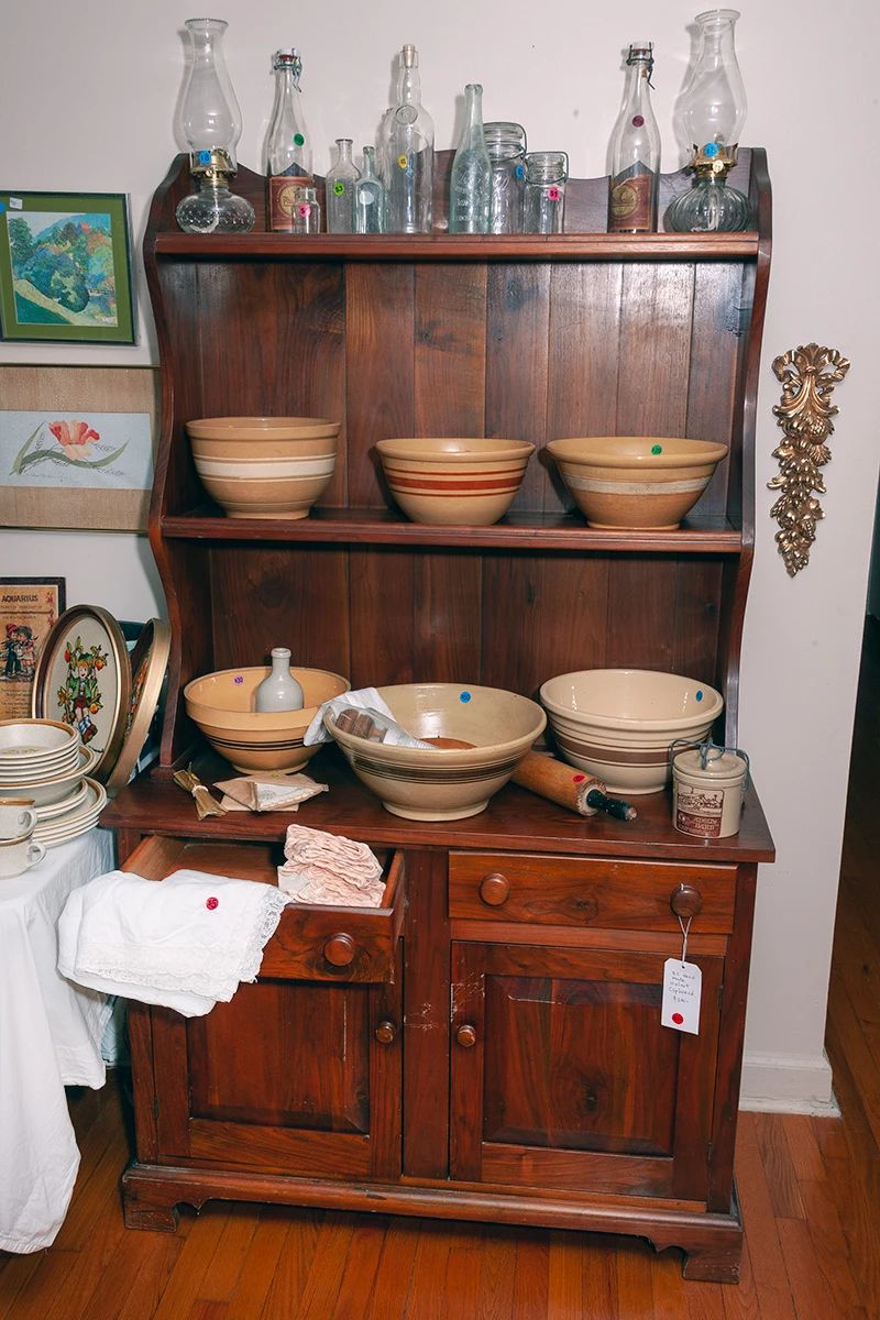 Hand made step back cupboard with yellow ware bowls