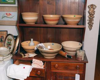 Hand made step back cupboard with yellow ware bowls