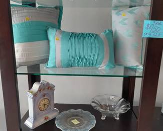 PILLOWS, VICTORIAN CLOCK MILK GLASS, HEISEY BOWL