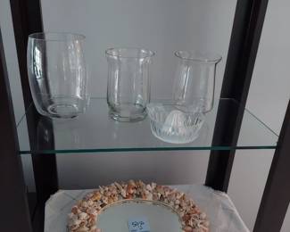 GLASSWARE, OVAL SHELL MIRROR, HALL POTTERY, RUBY RED PITCHER