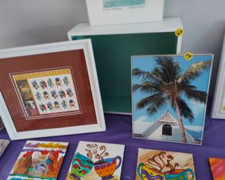 various tiles-handpainted, american glass stamp collection