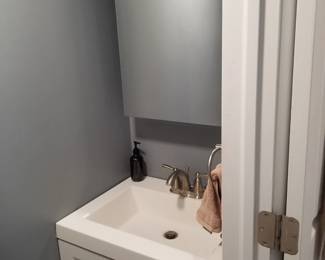 Petite bath vanity; mirrored medicine cabinet