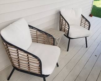 Modern porch chairs; accent table