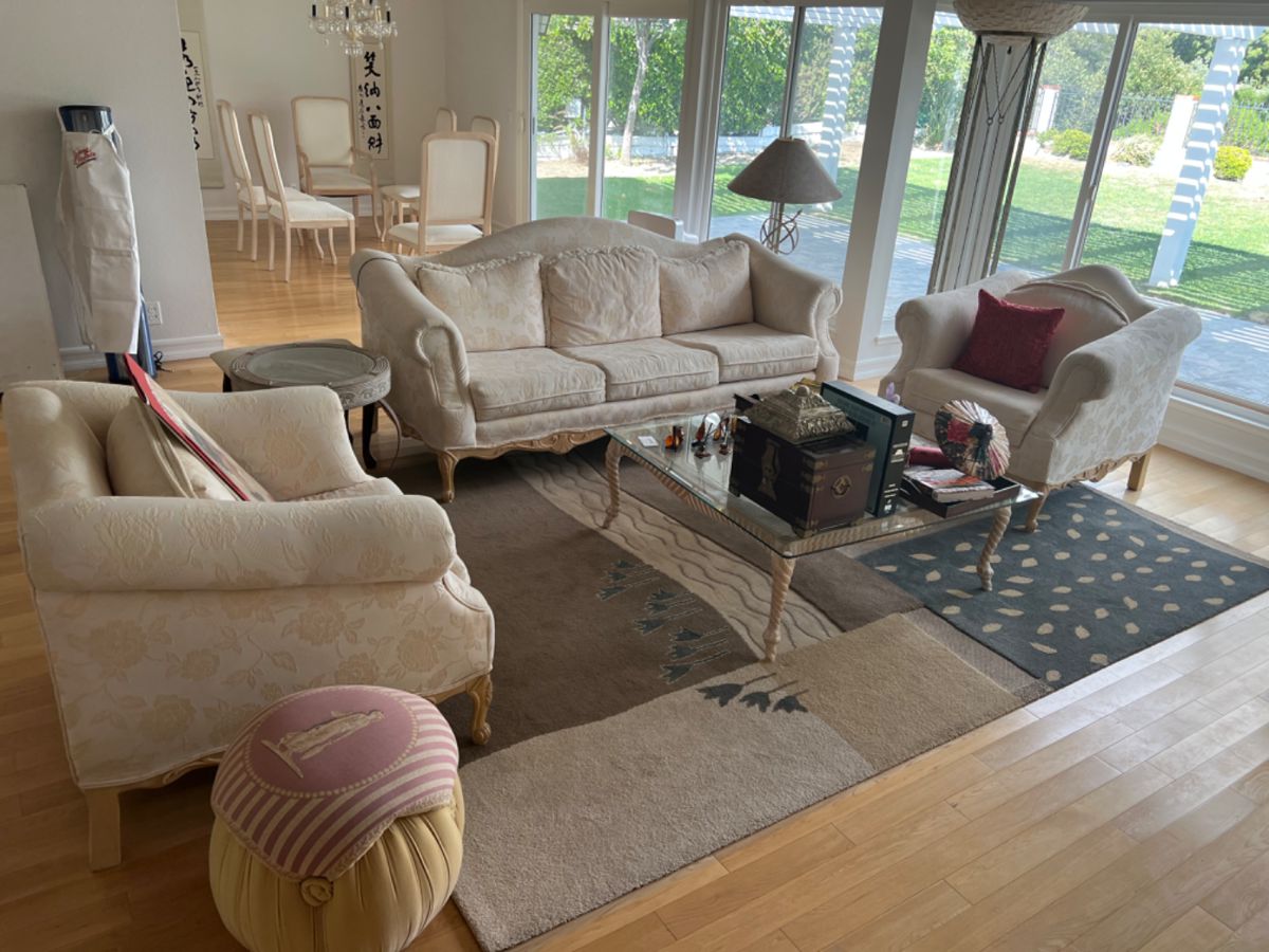 Beautiful living room furniture, dining room chairs, fixtures, rug, poof & more!