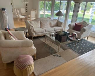 Beautiful living room furniture, dining room chairs, fixtures, rug, poof & more!