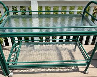 Vintage Patio set in Kelly Green Metal and Cushions with Matching Bar Cart