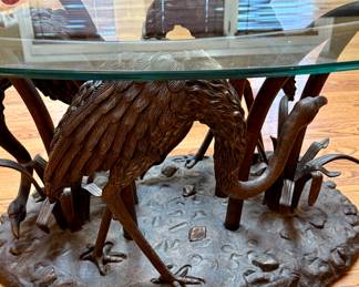 This Unique and awesome Crane Cocktail Table will be a Conversation piece that is well made of Bronze and 1/2 Thick Glass with No Scratches. Glass 46" L x 34" W and 2o" H