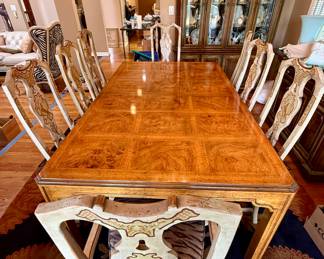 Gorgeous Burl Wood Drexel Heritage "Sketchbook Collection" Table with 3 Leaves, Custom Pads and 8 Dining Chairs