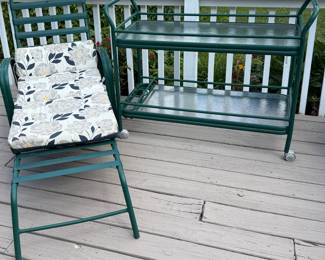 Vintage Patio set in Kelly Green Metal and Cushions with Matching Bar Cart