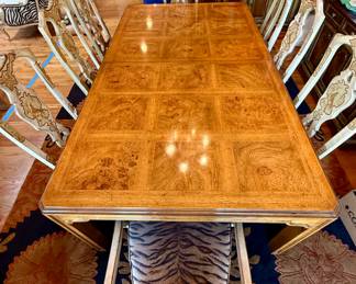 Gorgeous Burl Wood Drexel Heritage "Sketchbook Collection" Table with 3 Leaves, Custom Pads and 8 Dining Chairs