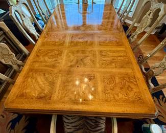 Gorgeous Burl Wood Drexel Heritage "Sketchbook Collection" Table with 3 Leaves, Custom Pads and 8 Dining Chairs