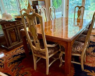 Gorgeous Burl Wood Drexel Heritage "Sketchbook Collection" Table with 3 Leaves, Custom Pads and 8 Dining Chairs