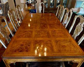Gorgeous Burl Wood Drexel Heritage "Sketchbook Collection" Table with 3 Leaves, Custom Pads and 8 Dining Chairs