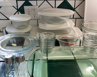 Pyrex covered dishes, Pyrex mixing bowl set, custards, etc.