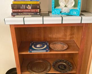 cookbooks, vintage wedding cake topper, decorative plates