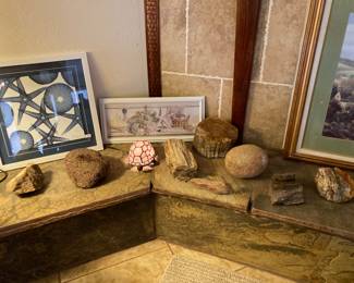 rocks, sea-themed prints, tortoise lamp