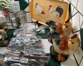 Oneida and Wallace stainless flatware, and some interested chickens
