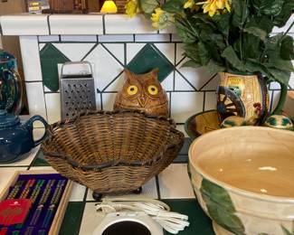 kitchenwares, mug heater, nice chopsticks set, decor, and a startled owl