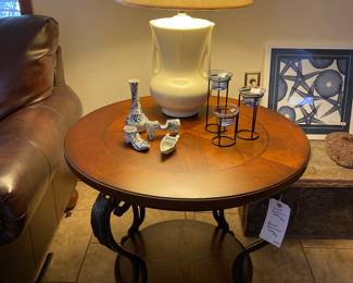side table, lamp, blue and white ware