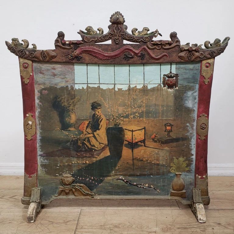 Antique Asian hand painted fire screen