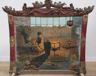 Antique Asian hand painted fire screen