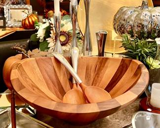 NAMBE WOODEN BOWL AND SPOONS, CANDLESTICKS.