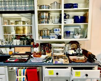 BLUE WILLOW COOKWARE, CUTLERY.