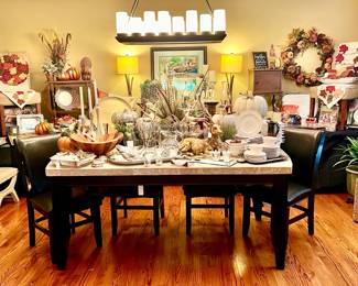 AUTUMN TONES IN THE DINING WITH LOTS OF PEWTER, PUMPKINS, FRANCOMA, AND ART.