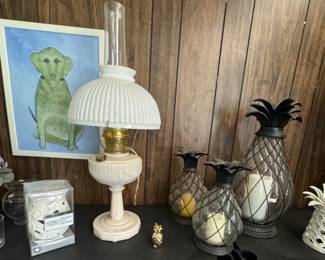 Pineapple candle holders, Dog photo, Converted Aladdin lamps