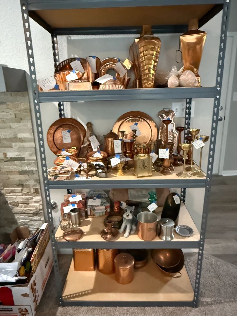 Copper, some real some just decor - canister sets, platters, vases, candle holders, kerosene lamps, clocks