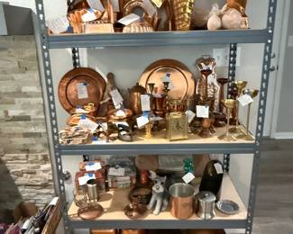 Copper, some real some just decor - canister sets, platters, vases, candle holders, kerosene lamps, clocks