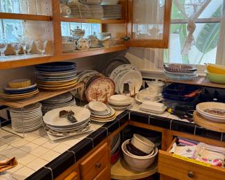 Dishes, China set, crocks, bowls, food storage and kitchen linens