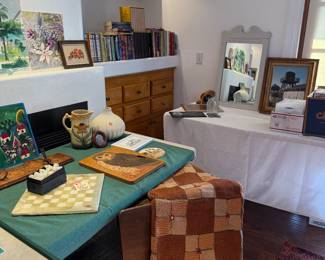 Vinyl, books, antique school desk, afghan