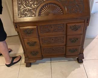 American antique carved wood desk drop down secretary desk