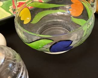 Crystal hand painted bowl with handle